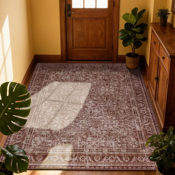 ARJINCUTE Distressed Vintage Traditional Farmhouse Brown Area Rugs 5'x8', Non-Slips Low Pile High Traffic Machine Washable