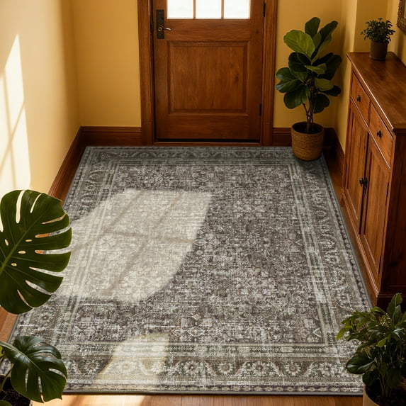 ARJINCUTE Distressed Vintage Traditional Farmhouse Gray Green Area Rugs 5'x8', Non-Slips Low Pile High Traffic Machine Washable