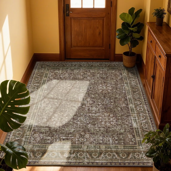 ARJINCUTE Distressed Vintage Traditional Farmhouse Green Area Rugs 5'x8', Non-Slips Low Pile High Traffic Machine Washable