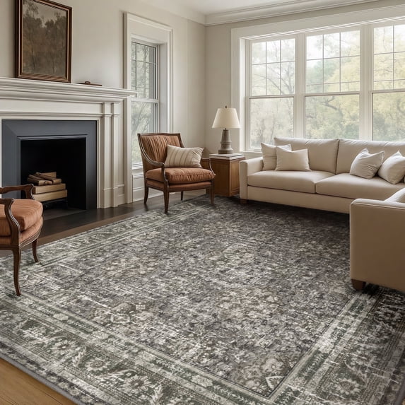 ARJINCUTE Distressed Vintage Low Pile Area Rugs 8'x10', Non-Slips Machine Washable Traditional Farmhouse Floor Carpet, Gray Green