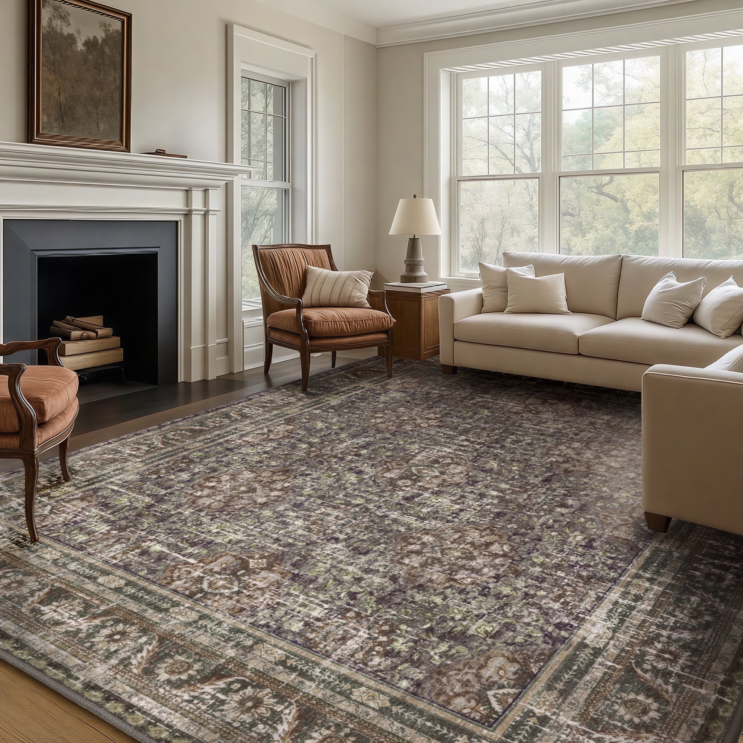 ARJINCUTE Distressed Vintage Low Pile Area Rugs 9'x12', Non-Slips Machine Washable Traditional Farmhouse Floor Carpet, Green