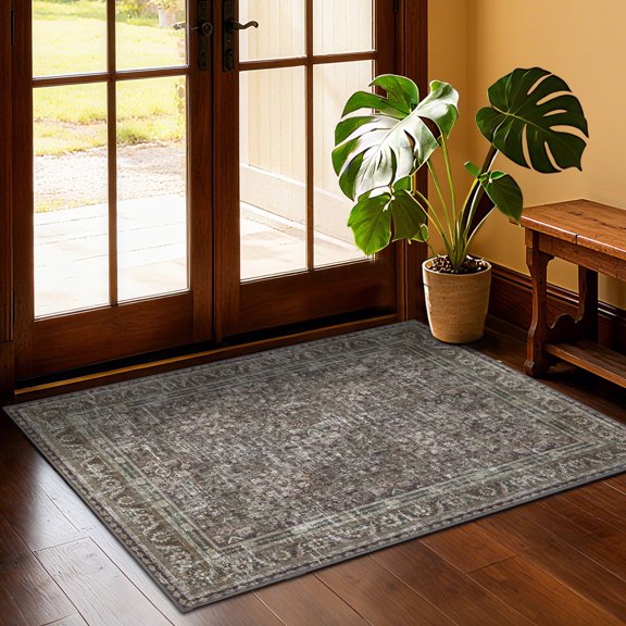 ARJINCUTE Distressed Vintage Gray Green Front Door Entrance Doormat 3'x5', Non-Slips Traditional Farmhouse Floor Carpet, Machine Washable