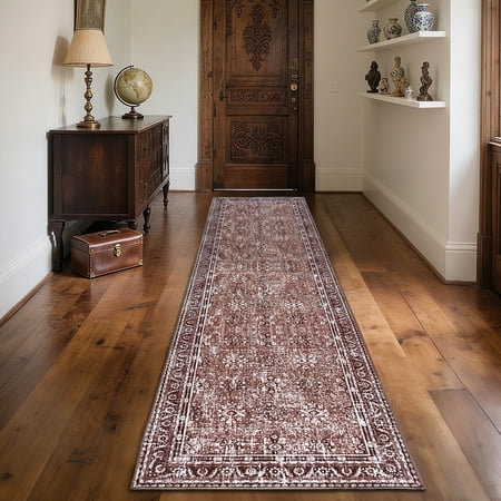 ARJINCUTE Distressed Vintage Brown Runner Rugs 2'x8', Non-Slips Low Pile Traditional Farmhouse Carpet, Machine Washable price history and forecast - ARJINCUTE