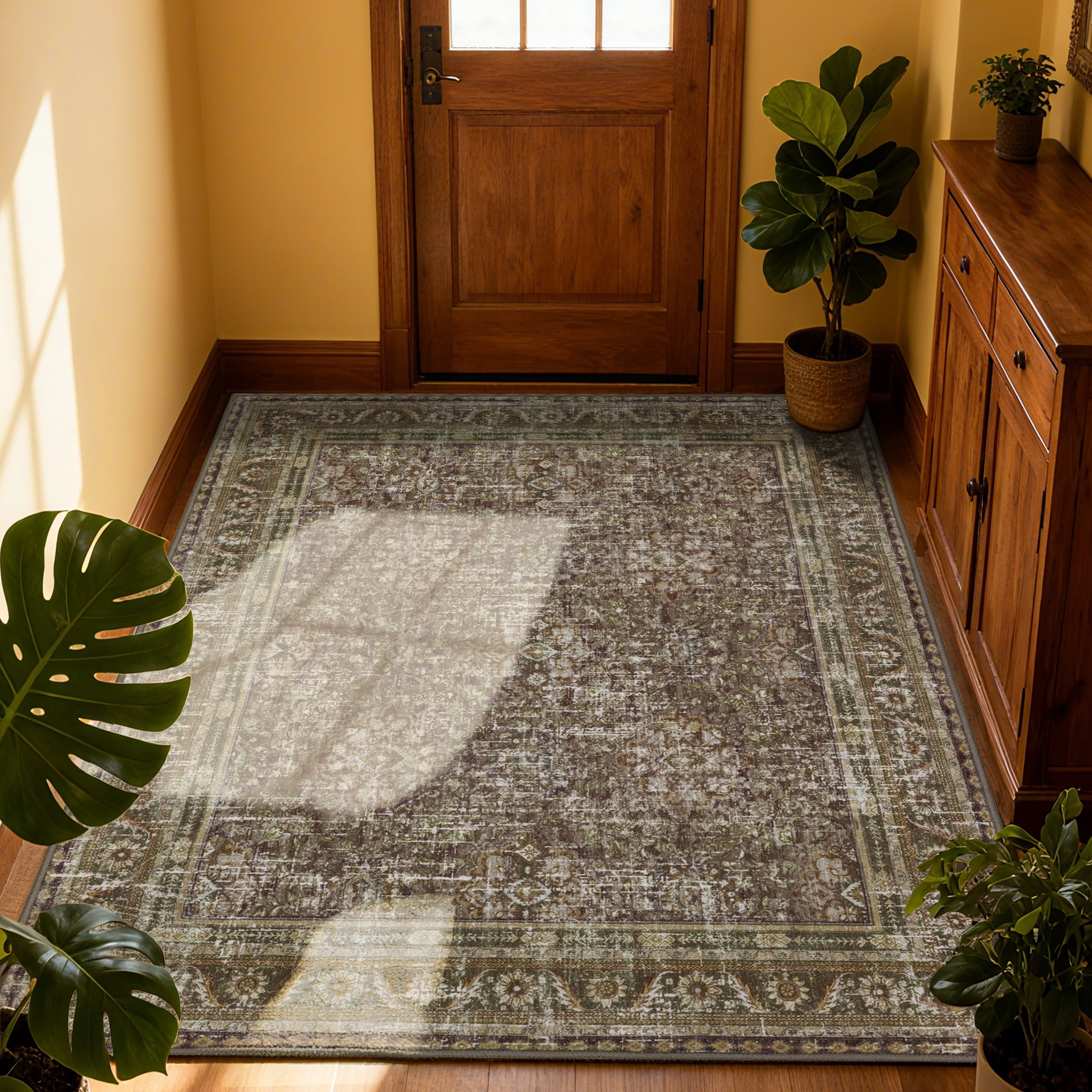 ARJINCUTE Distressed Vintage Traditional Farmhouse Green Area Rugs 6'x9', Non-Slips Low Pile High Traffic Machine Washable