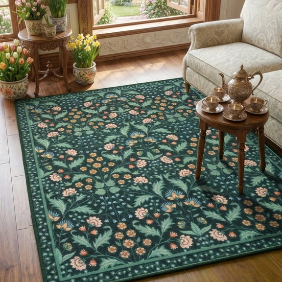ARJINCUTE Spring Blooms Vintage Black Area Rugs 5' x 7', Soft Touch, Non Slip, Low Pile, Machine Washable, Foldable