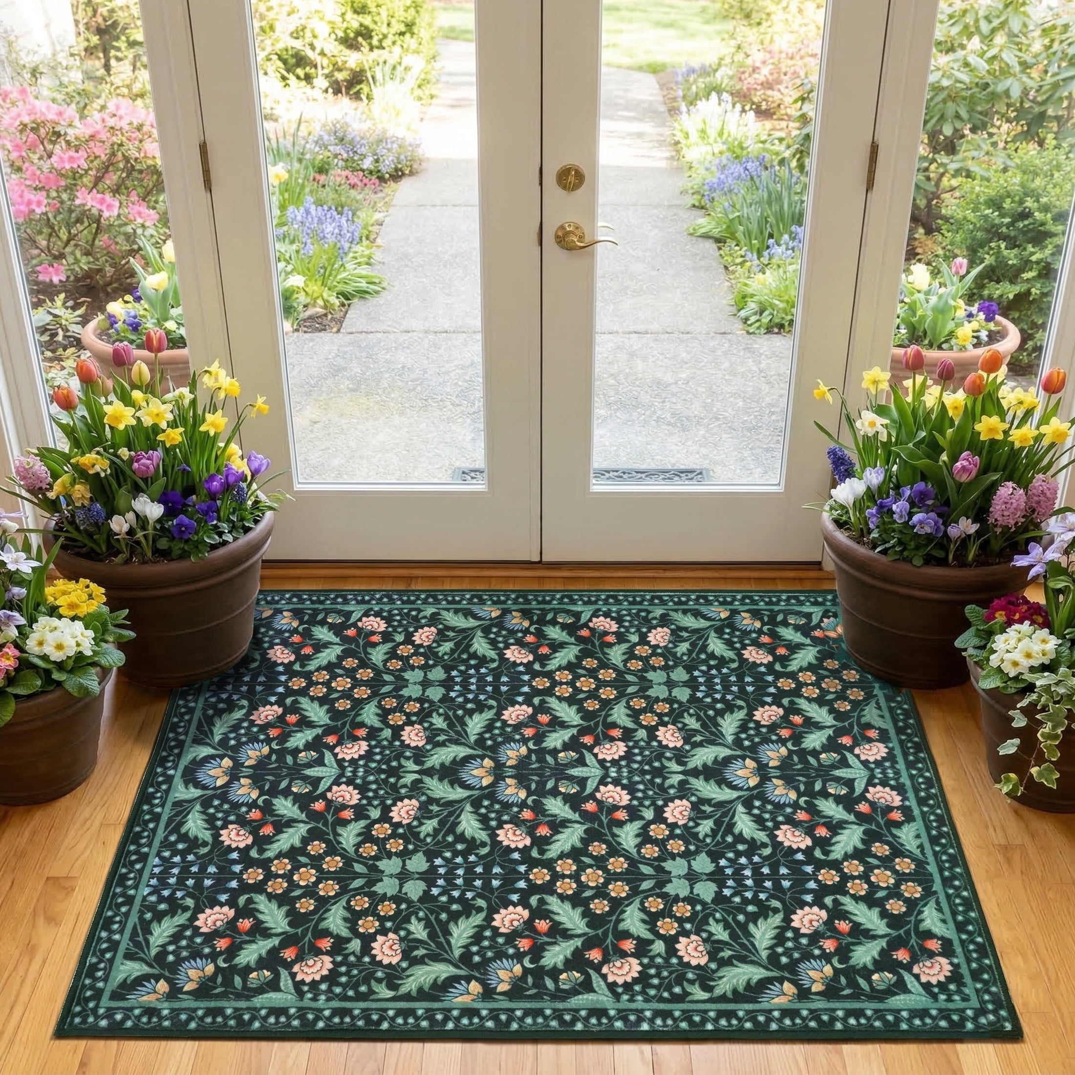 ARJINCUTE Spring Blooms Vintage Black Front Door Entrance Doormat 3' x 5', Soft Touch, Non Slip, Low Pile, Machine Washable, Foldable