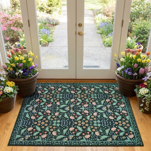 ARJINCUTE Spring Blooms Vintage Black Front Door Entrance Doormat 3' x 5', Soft Touch, Non Slip, Low Pile, Machine Washable, Foldable