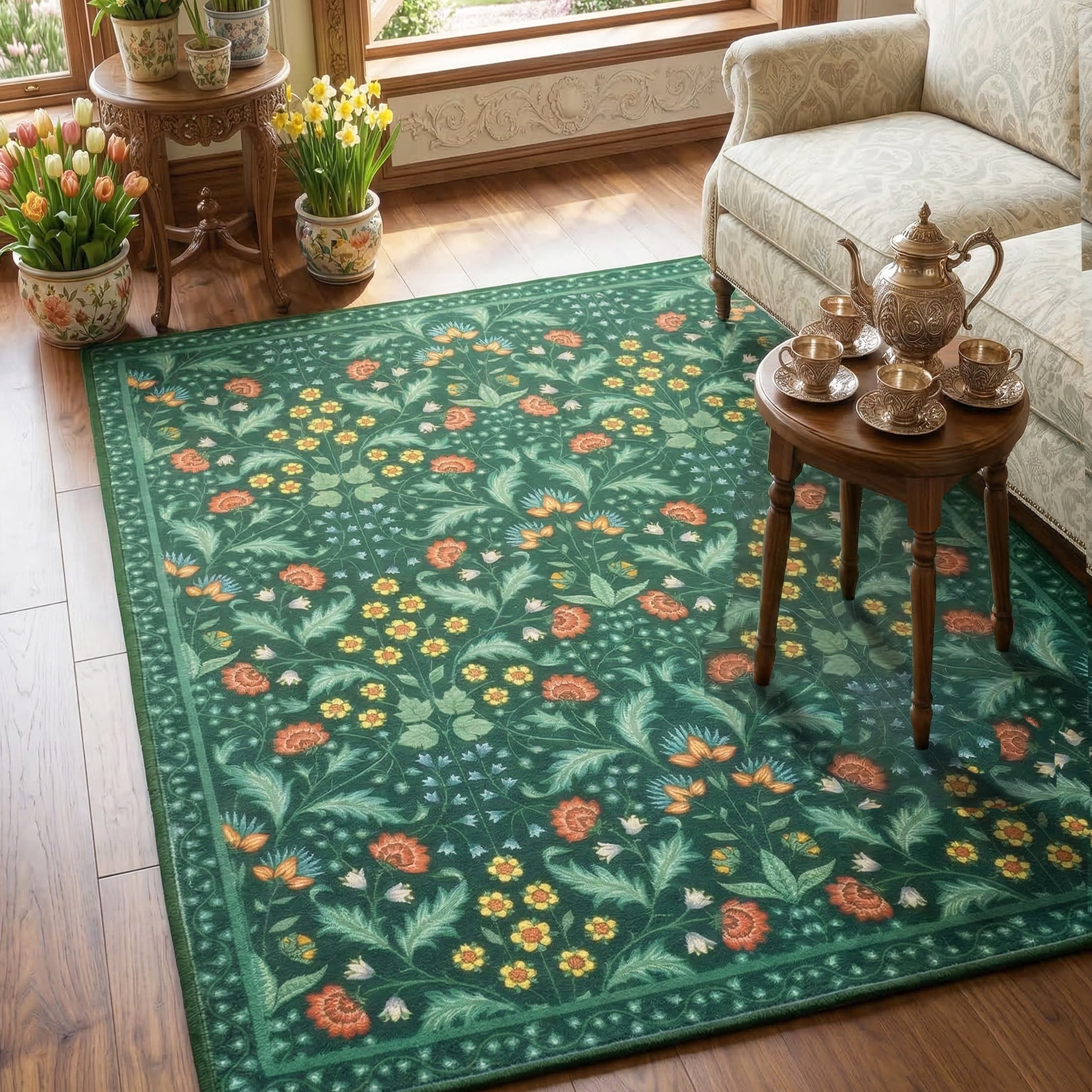 ARJINCUTE Spring Blooms Vintage Green Area Rugs 5' x 7', Soft Touch, Non Slip, Low Pile, Machine Washable, Foldable