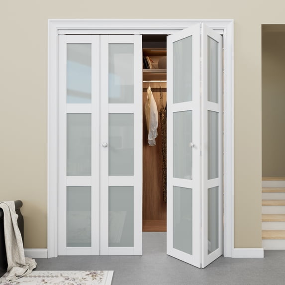 ARK DESIGN Scratch Resistant Tempered Frosted Glass Bi-Fold Doors, White, 60" x 80", 51 lbs