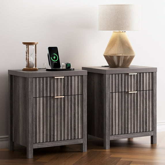 ARKANTOS Set of 2 Nightstands with Charging Station, 2 Drawer Modern Bedside Tables, Charcoal Oak