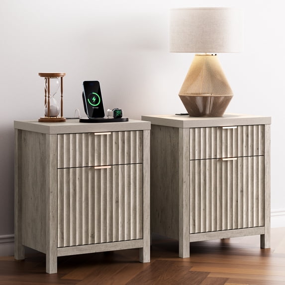 ARKANTOS Modern Nightstand with Charging Station, Set of 2 Fluted Grooved Bedside Tables, Gray Oak