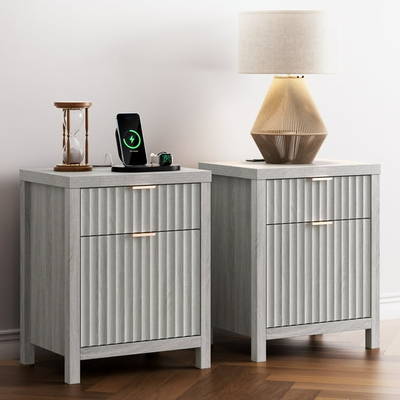 ARKANTOS Set of 2 Nightstands with USB Charging Station, 2 Drawer Modern Bedside Tables, Mist Oak