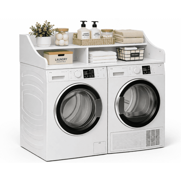 ARKANTOS 2-Tier Washer Dryer Countertop with Storage Shelf, 54" x 27.6" Laundry Topper with Non-Slip Pads & Rounded Edges, Water-Resistant for Laundry Room Organization, White