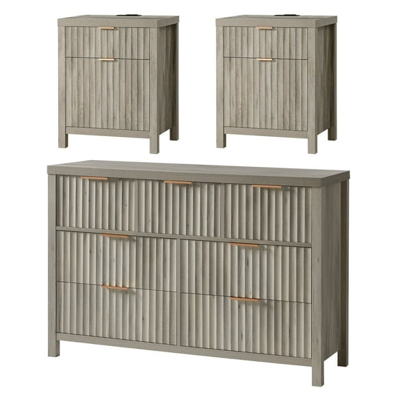 ARKANTOS 3 Piece Bedroom Furniture Set, 7 Drawer Double Dresser and 2 Nightstands, Gray Oak