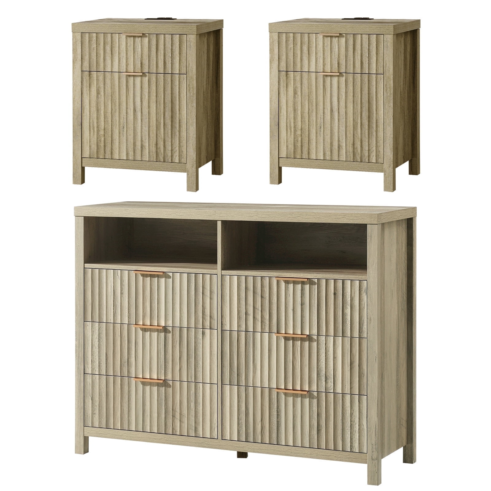 ARKANTOS 3-Piece Bedroom Set, 6-Drawer Dresser Dresser & (2) 2-Drawer Nightstand, Coastal Oak