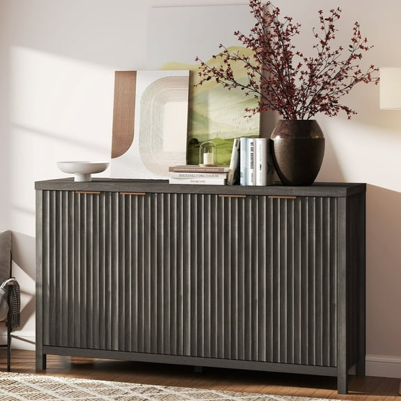 ARKANTOS 4-Door Sideboard Buffet Cabinet with Adjustable Shelves, Wave-pattern Panel, Charcoal Oak