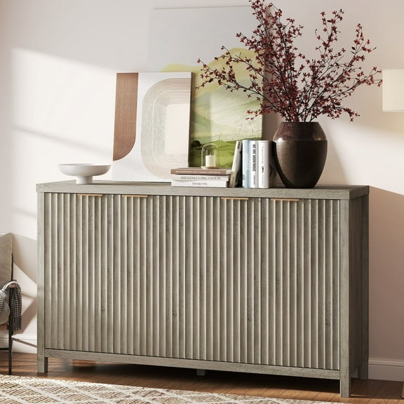 ARKANTOS 4-Door Sideboard Buffet Cabinet with Adjustable Shelves, Wave-pattern Panel, Light Gray