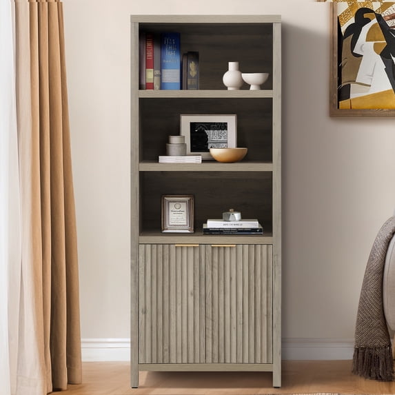ARKANTOS 5 Shelf Bookcase with Doors Adjustable Shelf and Storage Cabinet Light Gray Oak