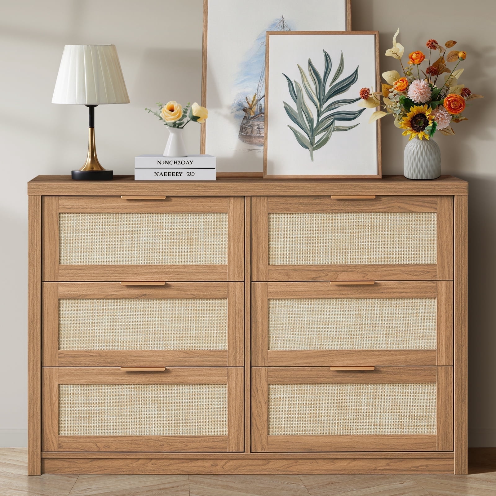 ARKANTOS 6 Drawer Rattan Dresser, Bohemian Chest of Drawers for Bedroom ...