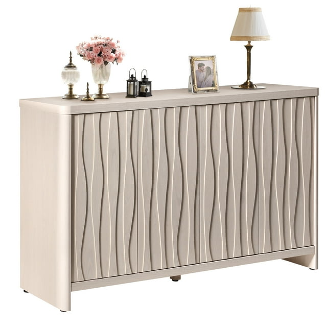 ARKANTOS 60" Sideboard Buffet Cabinet with 4 Ripple-Pattern Doors and Adjustable Shelves, Birch