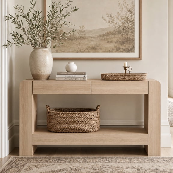 ARKANTOS 63" Farmhouse Console Table with 2 Drawers, Wooden Entryway Table with Open Storage Shelf, Long Narrow Sofa Table for Living Room, Hallway,Oak