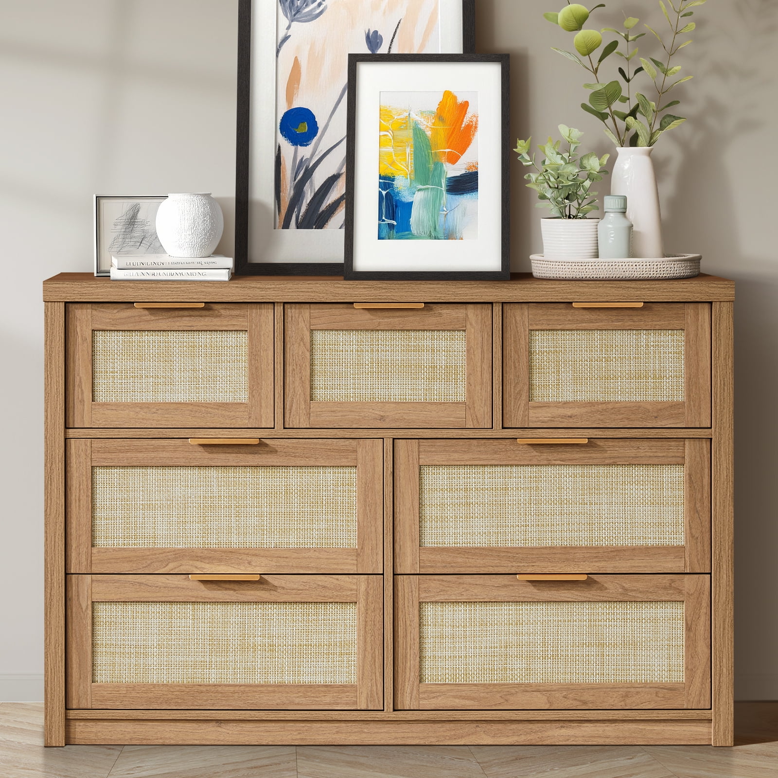 ARKANTOS 7 Drawer Dresser Rattan Dresser Modern Chest with Drawers,Wood