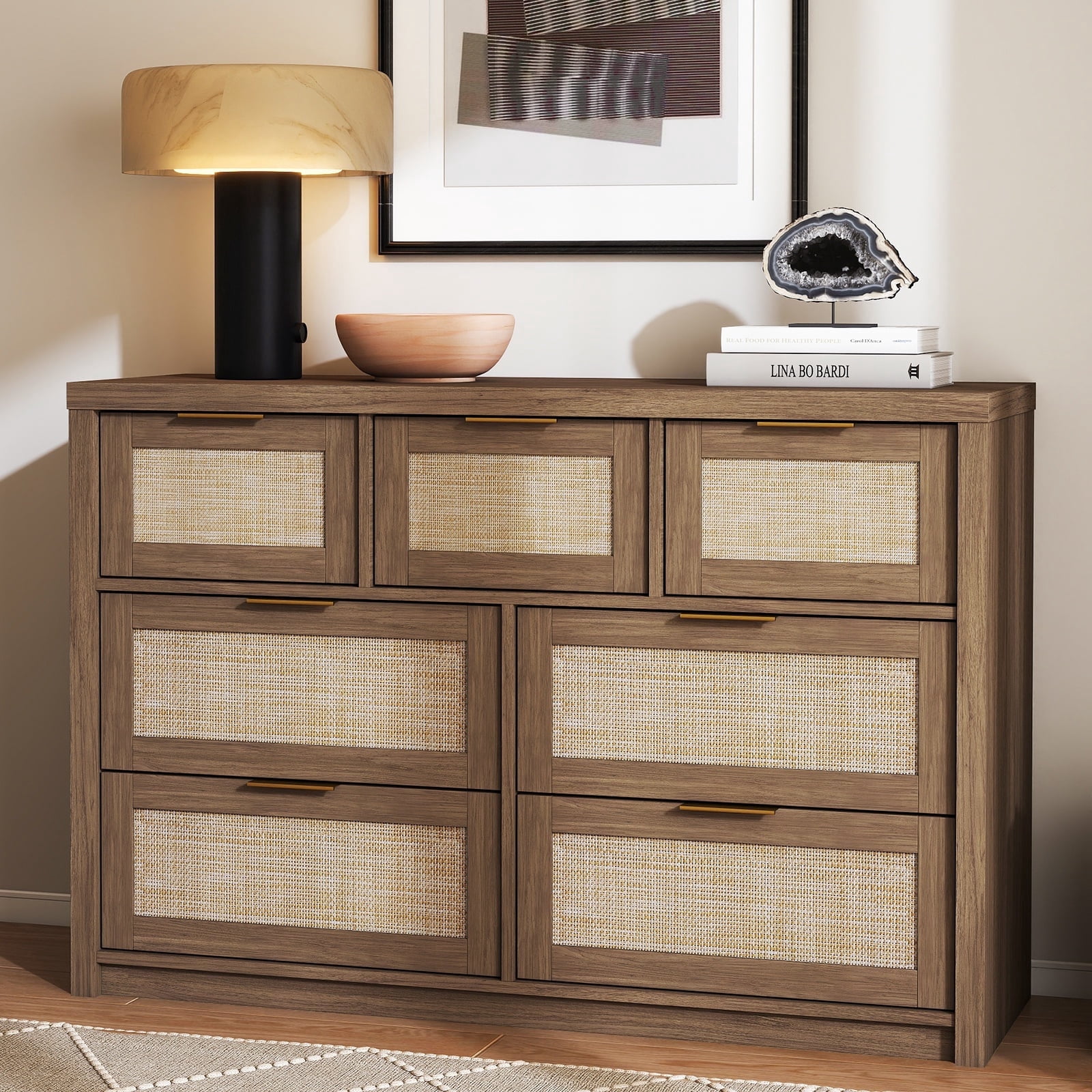 ARKANTOS 7 Drawer Rattan Dresser,Wood Storage Closet,Bohemian Chest of ...