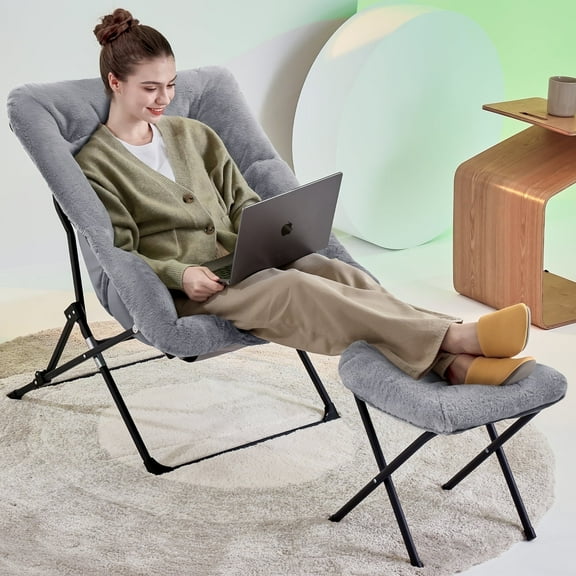 ARKANTOS Folding Saucer Chair for Adults, Comfy Chair for Bedroom and Living Room with Ottoman, Faux Fur Lounge Chair,Gray