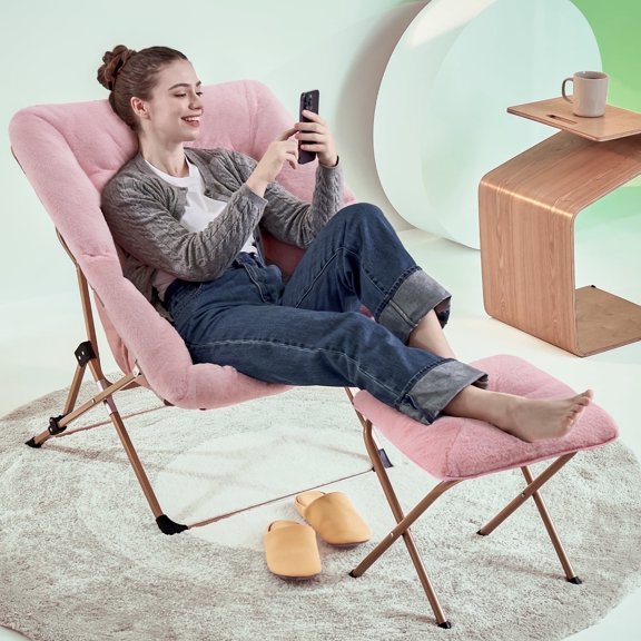 ARKANTOS Comfy Saucer Chair,Bedroom Chairs for Adults with Ottoman,Pink