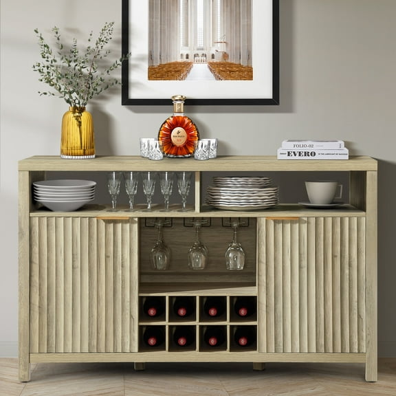 ARKANTOS Farmhouse Bar Cabinets for Liquor and Glasses, Wave Pattern Doors Sideboard, Coastal Oak
