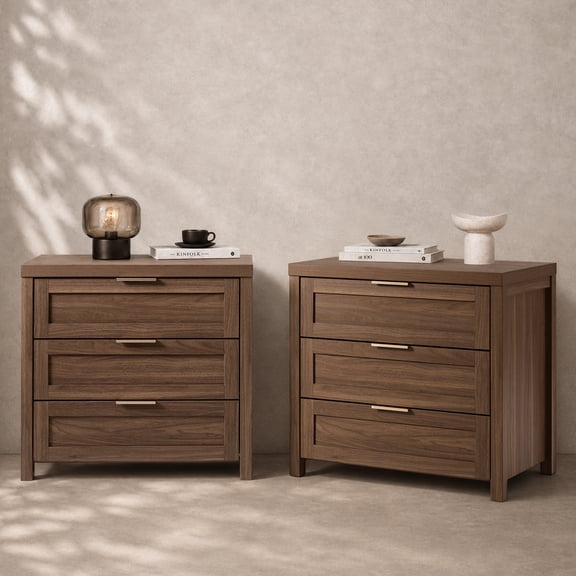 ARKANTOS Farmhouse Nightstand Set of 2 with 3 Drawers, Large Bedside Table Night Stand with Storage Drawer, Wood Sofa Side End Table for Bedroom, Living Room, Brown