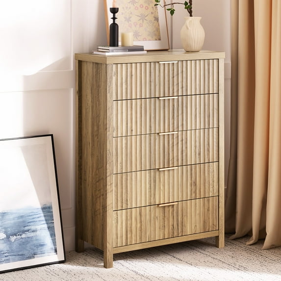 ARKANTOS Fluted 5 Drawer Dressers for Bedroom, Coastal Oak Finish