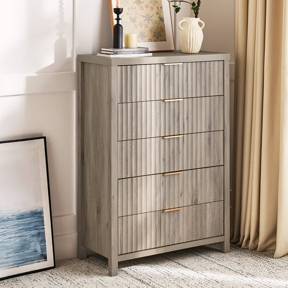 ARKANTOS Fluted 5 Drawer Dressers for Bedroom, Gray Oak Finish
