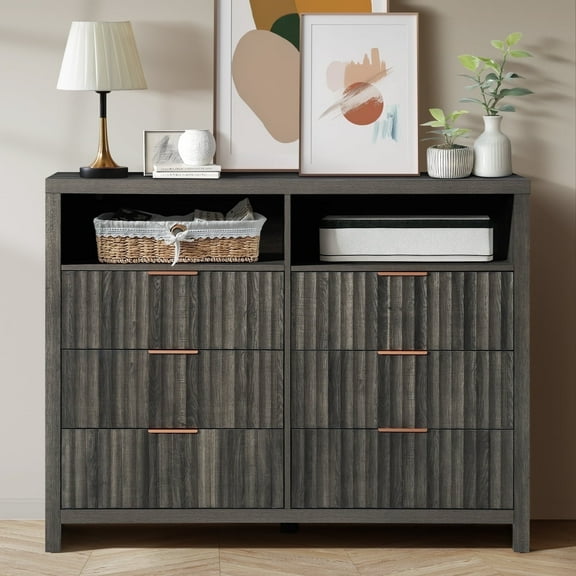 ARKANTOS Fluted 6 Drawer Double Dresser, Charcoal Oak Finish