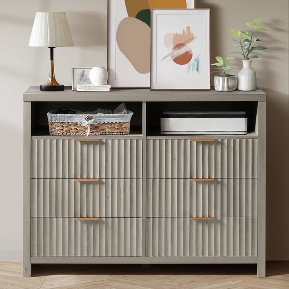 ARKANTOS Fluted 6-Drawer Double Dresser, Gray Oak Finish