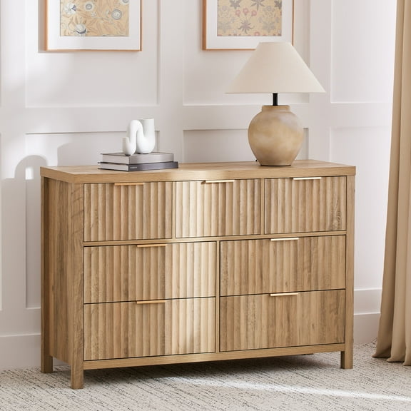 ARKANTOS Fluted 7-Drawer Double Dresser for Bedroom, Coastal Oak Finish