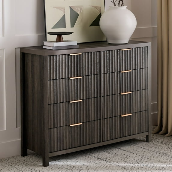 ARKANTOS Fluted 8-Drawer Double Dresser for Bedroom Charcoa Oak Finish