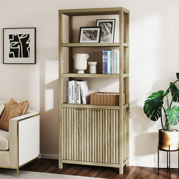 ARKANTOS Fluted Bookshelf with Doors Adjustable Shelf and Storage Cabinet Coastal Oak