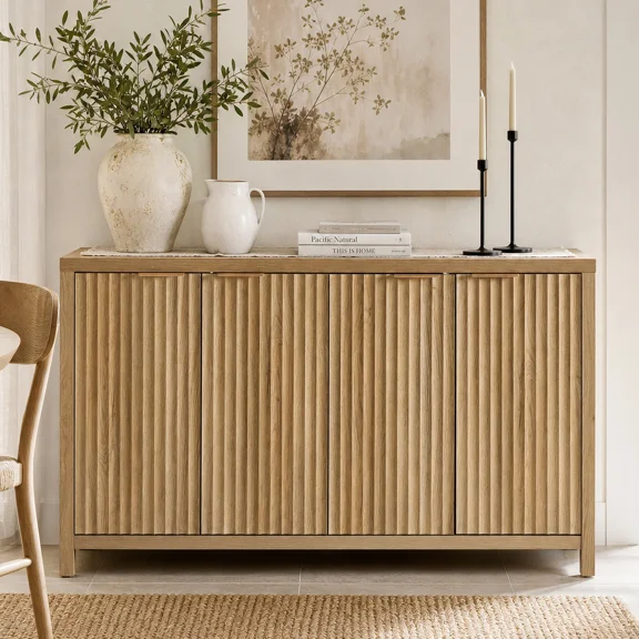 ARKANTOS Fluted Sideboard Buffet Cabinet with 4 Doors, 56" Farmhouse Coffee Bar Cabinet with Adjustable Shelves, Storage Credenza for Living Room Kitchen Hallway, Gold