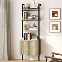 ARKANTOS 5-Tier Ladder Shelf Bookshelf, Wall-Mounted Bookcase with Fluted Cabinet, Coastal Oak