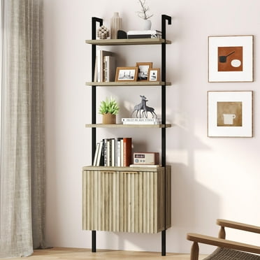 ARKANTOS 5-Tier Ladder Shelf Bookshelf, Wall-Mounted Bookcase with Fluted Cabinet, Coastal Oak