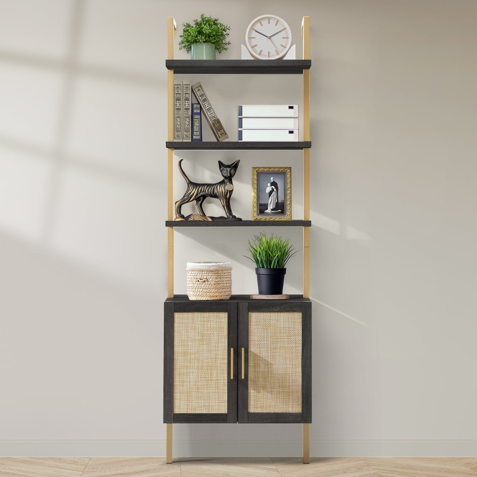 ARKANTOS Ladder Bookshelf 5 Tier Adjustable Shelf Rattan Wall