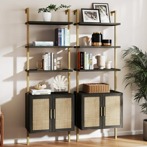 ARKANTOS Ladder Bookshelf 5 Tier Adjustable Shelf Rattan Cabinet Wall Mounted Shelves Charcoal Oak