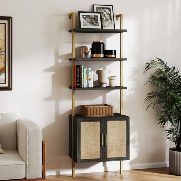 ARKANTOS 5 Tier Ladder Bookshelf with Rattan Cabinet, Wall Mounted Display Shelf, Charcoal Oak