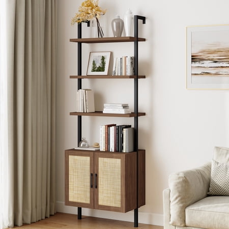 ARKANTOS 5 Tier Ladder Bookshelf with Rattan Cabinet, Wall Mounted Display Shelf, Classic Walnut