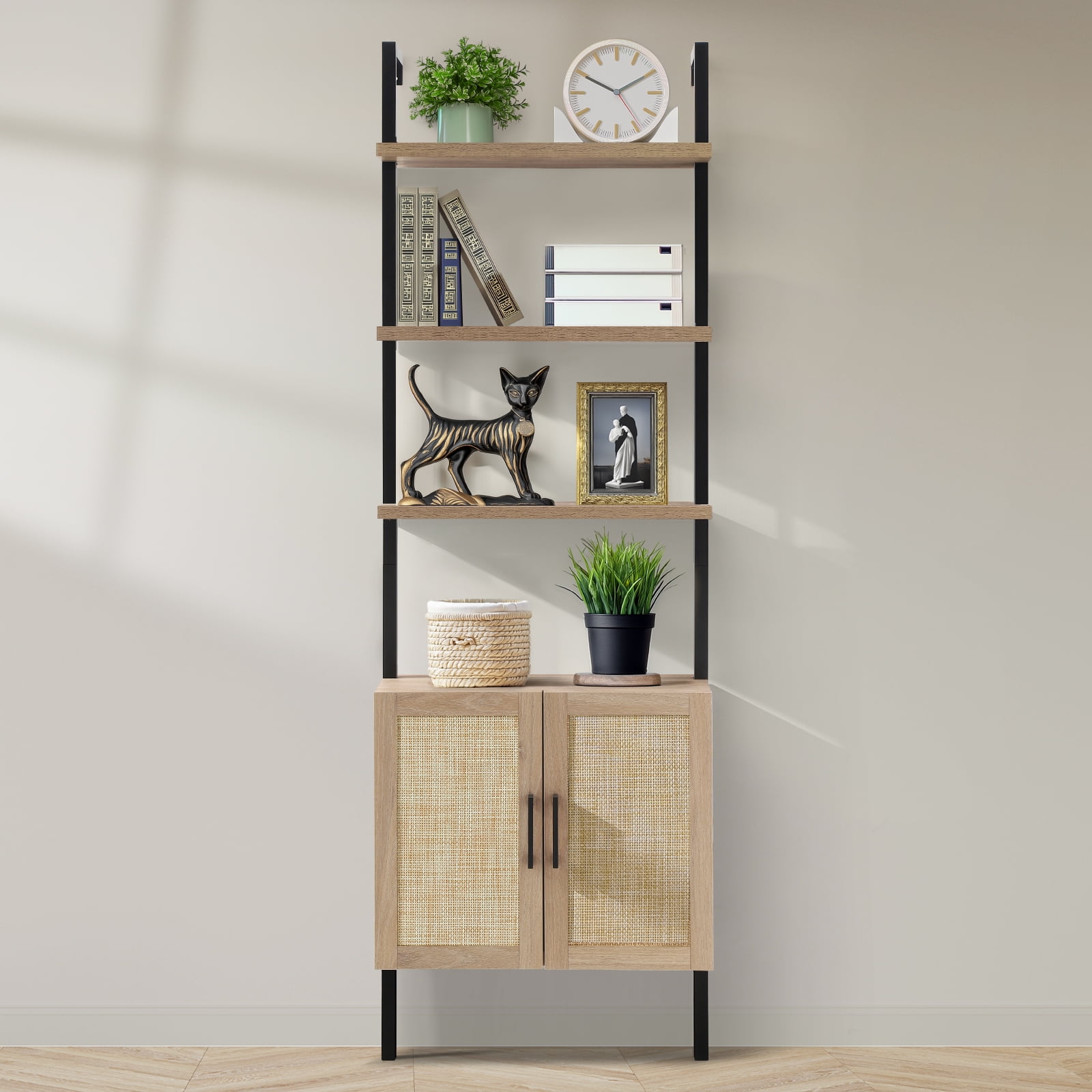 ARKANTOS Ladder Bookshelf 5 Tier Adjustable Shelf Rattan Wall