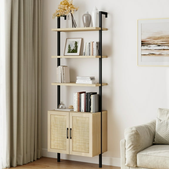 ARKANTOS 5 Tier Ladder Bookshelf with Rattan Cabinet, Wall Mounted Display Shelf, Natural Oak