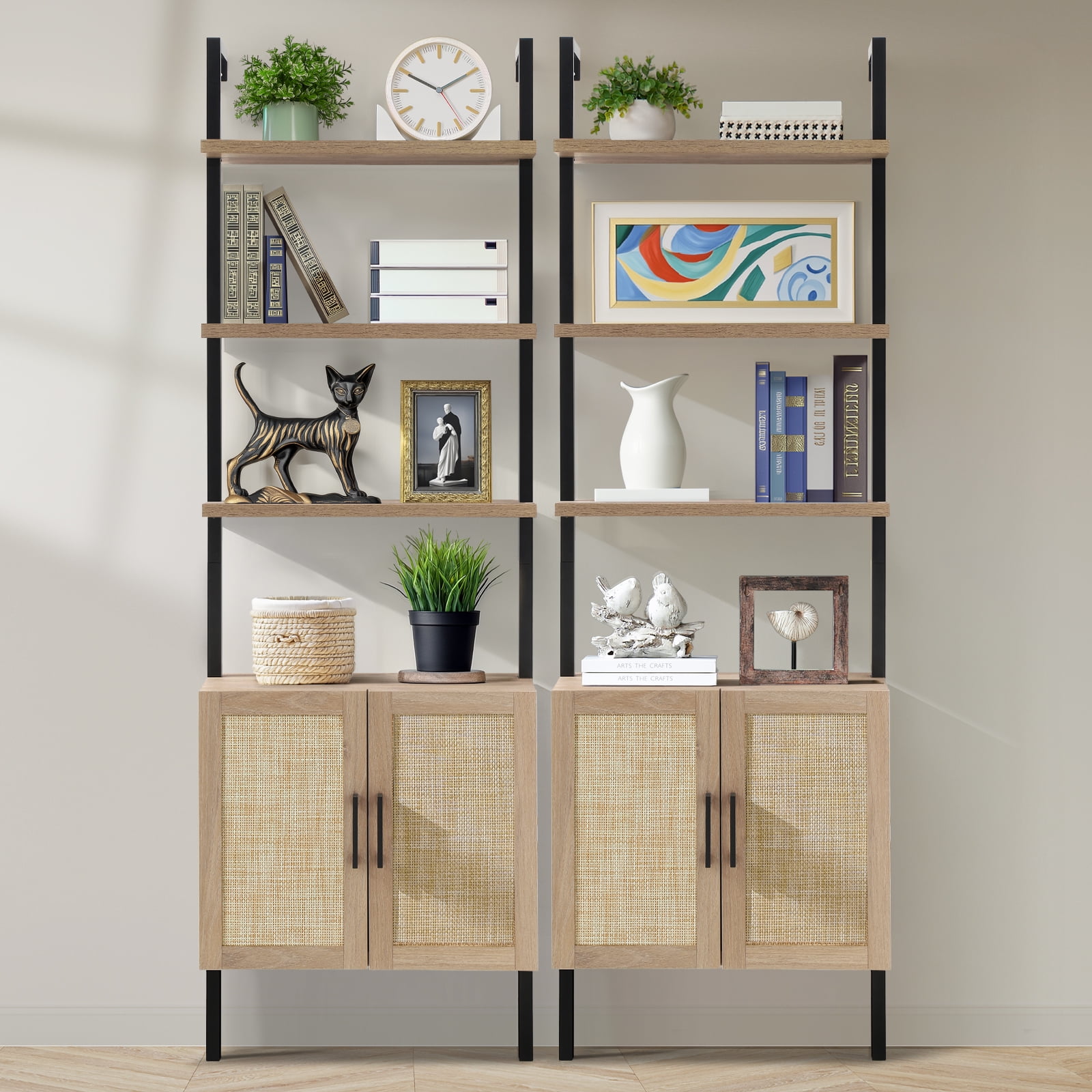 ARKANTOS Ladder Bookshelf 5 Tier Adjustable Shelf Rattan Wall