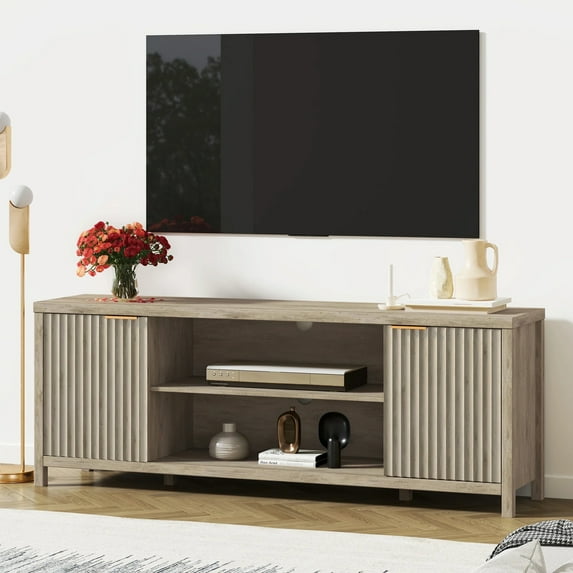 ARKANTOS Mid-Century Modern TV Stand for TVs up to 75 inch, Wave Pattern Doors and Open Shelves, Light Gray Oak