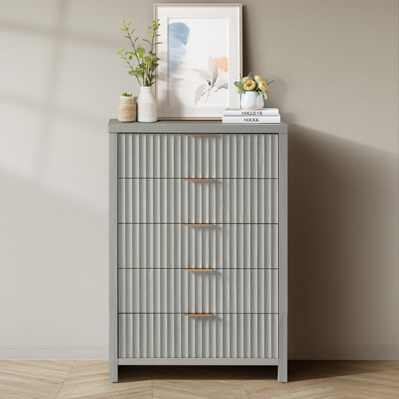 ARKANTOS Modern 5 Drawer Dresser, Wood Storage Chest of Drawers with Wave Panel, Mist Oak